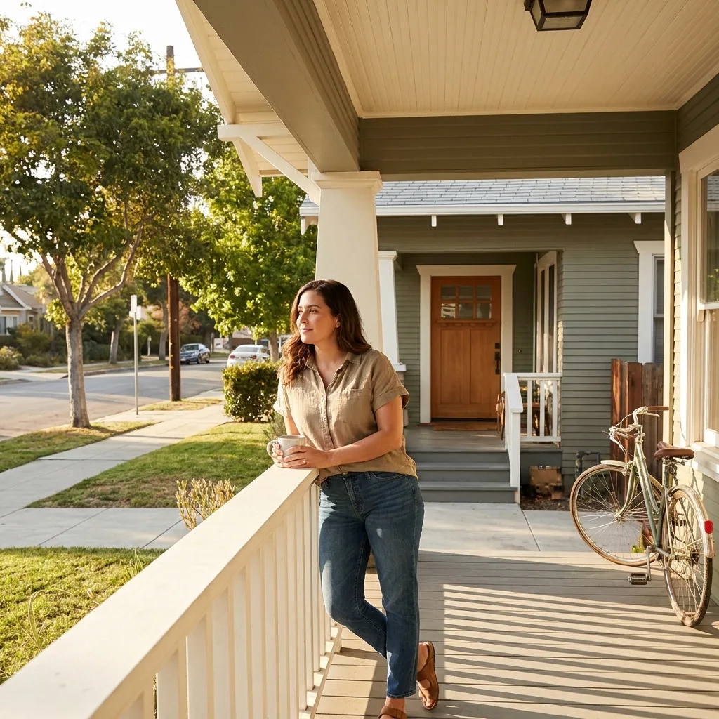 A woman on the front porch of a Craftsman home on a Northeast Los Angeles street
