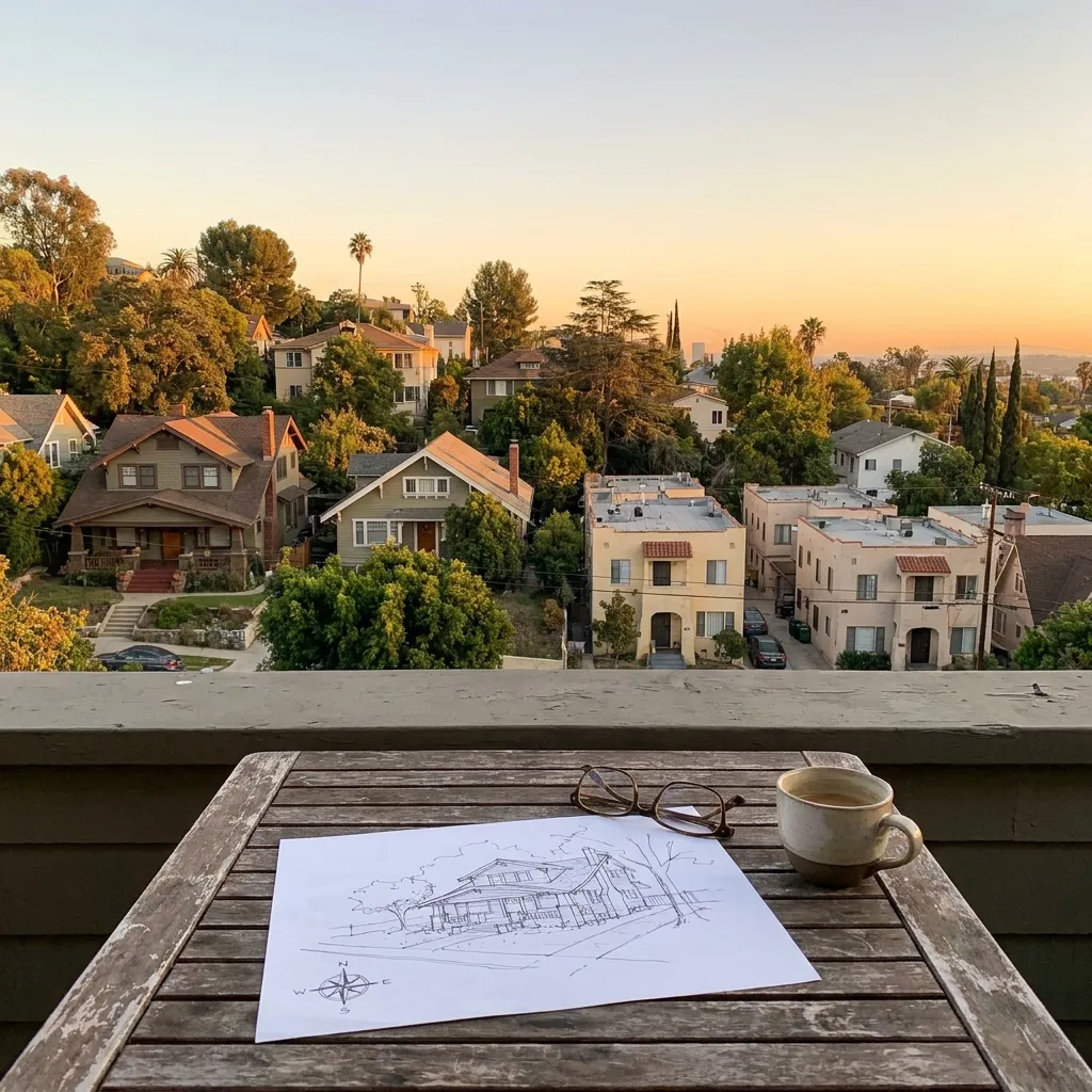 A pencil sketch of a house, reading glasses and a cup of coffee on a terrace table, with Craftsman bungalows and small stucco apartment buildings on the hillside beyond