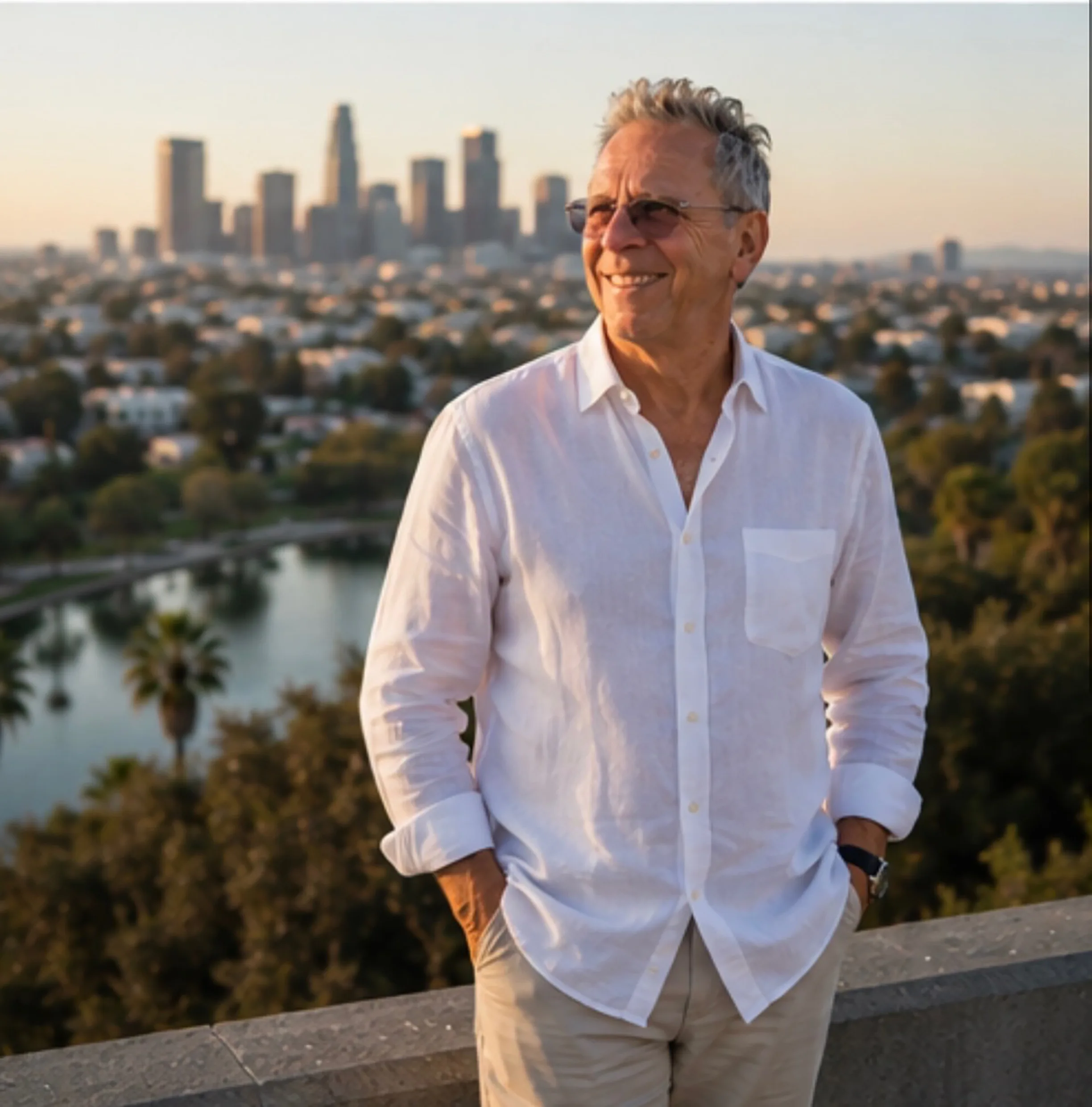 Ken Shapiro above Echo Park Lake with the Downtown Los Angeles skyline behind him