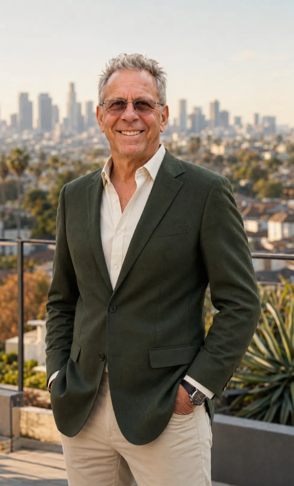 Ken Shapiro, broker and owner of Silverwood Properties, with the Downtown Los Angeles skyline behind him