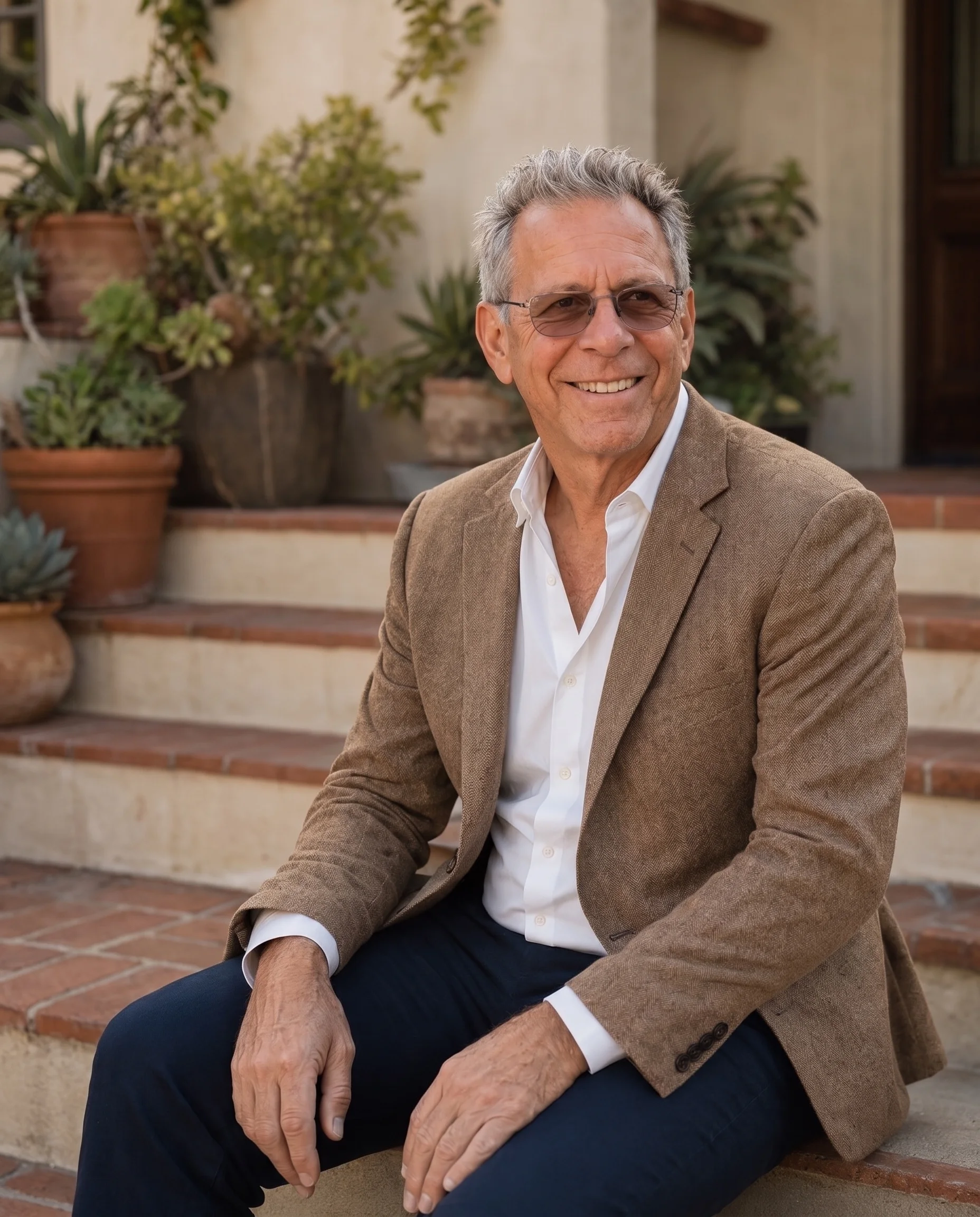 Ken Shapiro, broker and owner of Silverwood Properties, seated on the front steps of a Northeast Los Angeles home