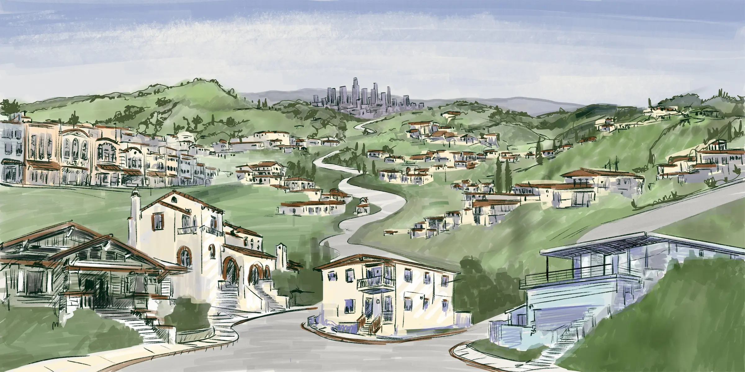 Illustration of Northeast Los Angeles: hillside streets of Craftsman, Spanish and modern homes stepping down toward the Downtown skyline